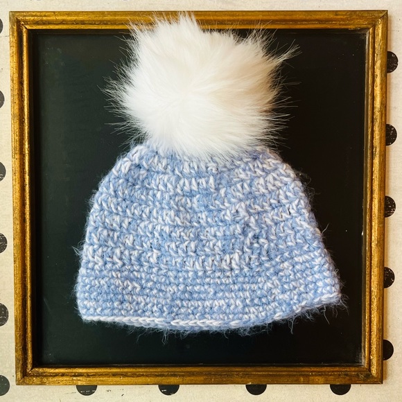 Handmade Accessories - Hand-Crocheted Winter Beanie Hat with White Faux Fur Pom